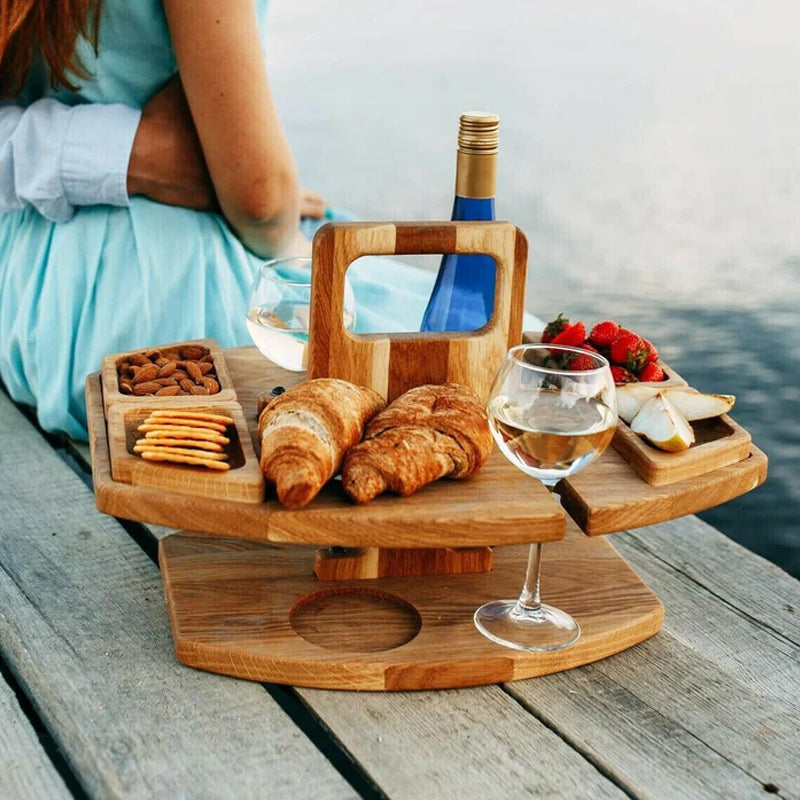 Portable Wood Folding Picnic Table with Snack Compartments and Glass Holders - Ideal for Outdoor Events-3