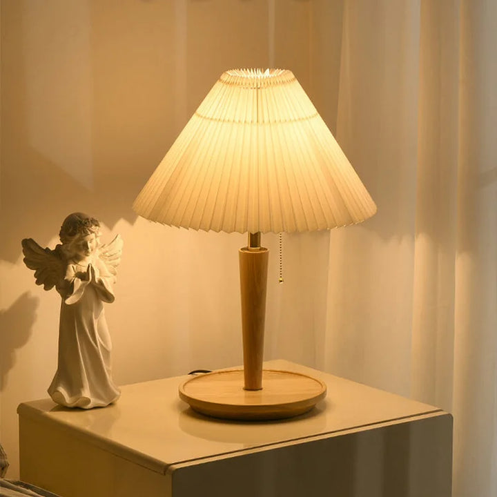 Vintage Table Lamp with Pleated Fabric Shade and Walnut Base - Ideal Bedside Table Lamp for Bedroom and Living Room-6