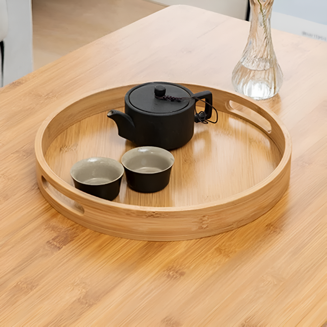 Round Bamboo Serving Tray with Stable Handles - Eco-Friendly and Easy to Clean-6