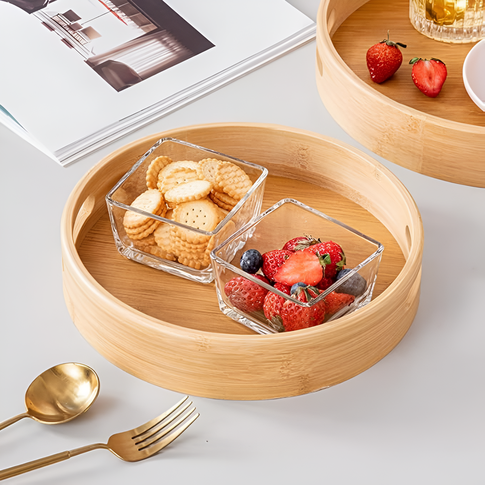 Round Bamboo Serving Tray with Stable Handles - Eco-Friendly and Easy to Clean-2