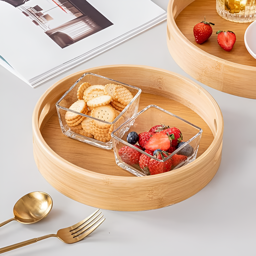 Round Bamboo Serving Tray with Stable Handles - Eco-Friendly and Easy to Clean-2