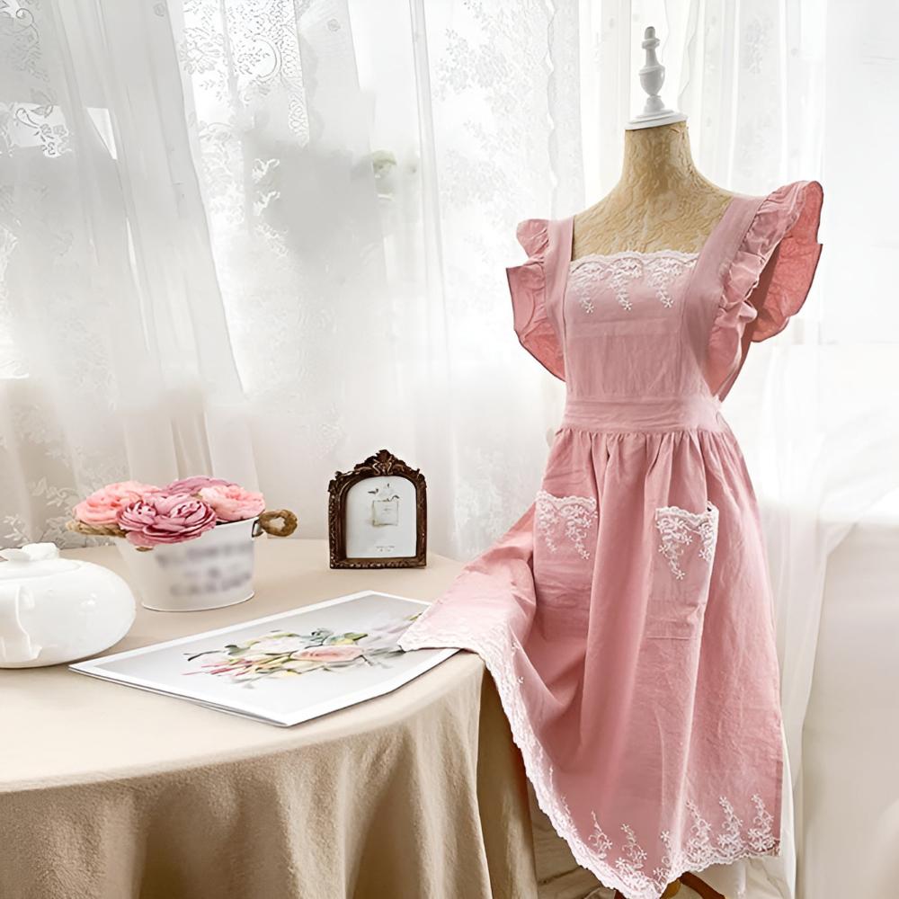 Elegant Ruffled Apron in Blush Cotton with Cross-Back Design and Spacious Pockets-1