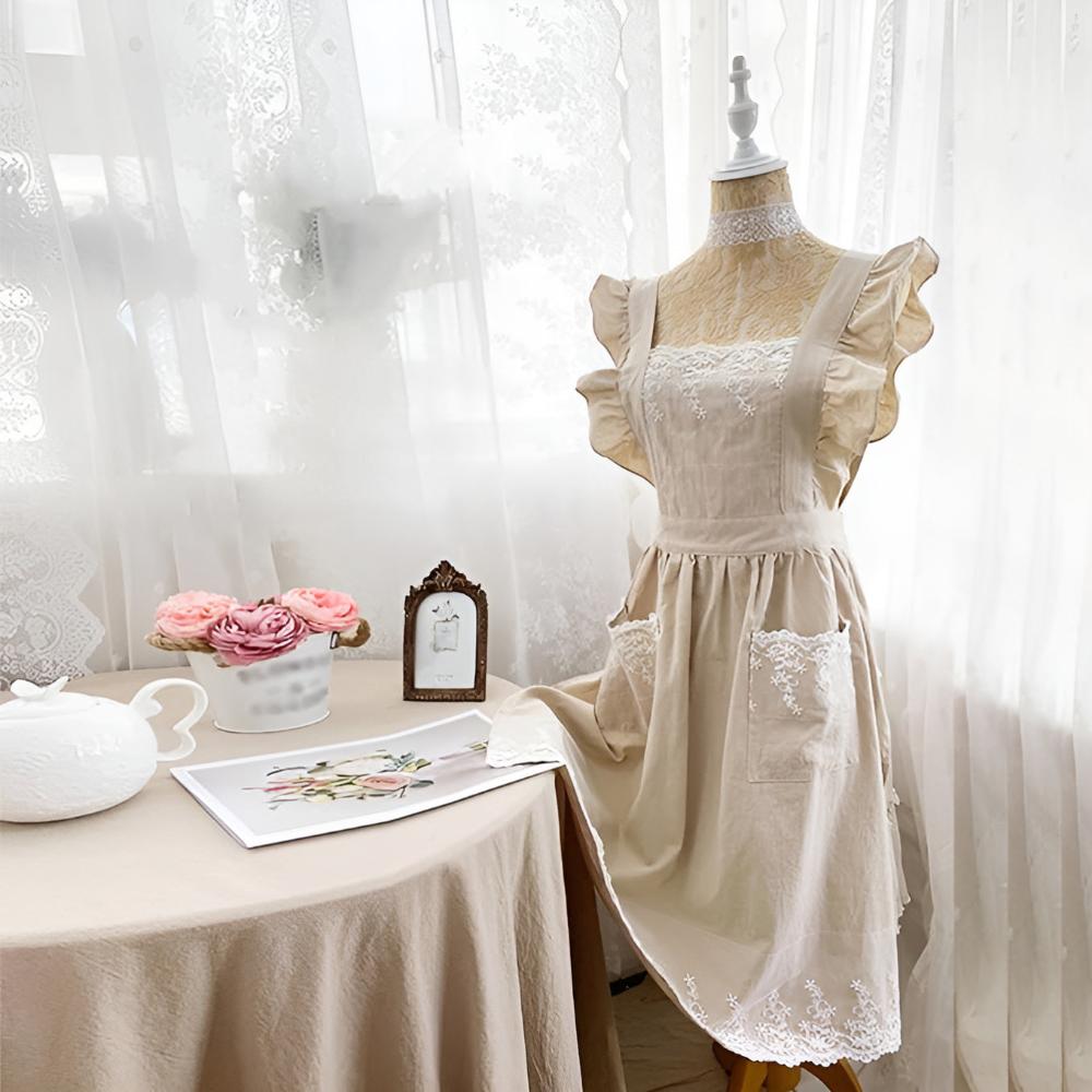 Elegant Ruffled Apron in Blush Cotton with Cross-Back Design and Spacious Pockets-4