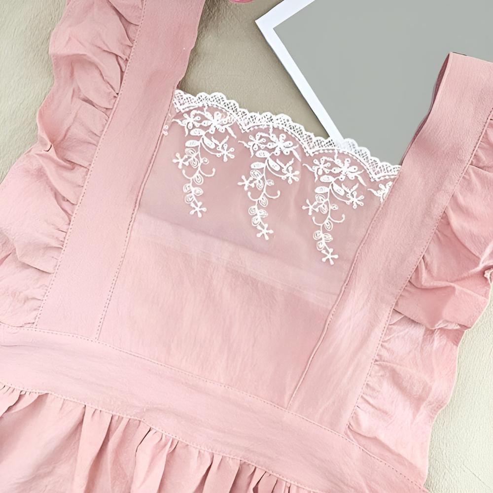 Elegant Ruffled Apron in Blush Cotton with Cross-Back Design and Spacious Pockets-5