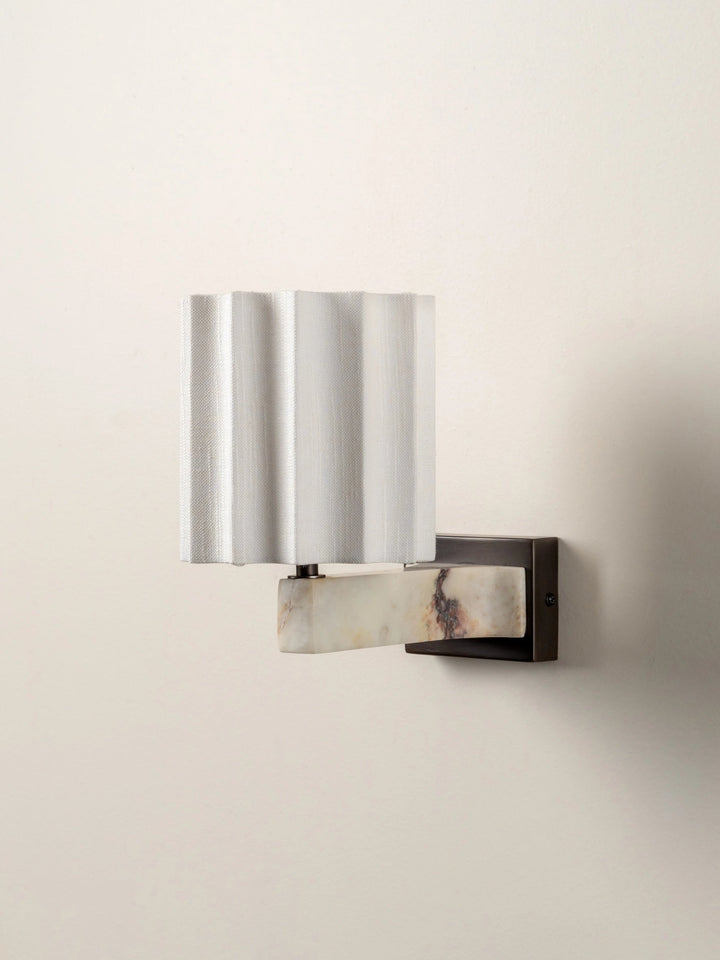 Calacatta Viola Marble Wall Light with Linen Shade and Bronze Plate - Elegant Minimalist Wall Sconce for Living Room and Bathroom 0