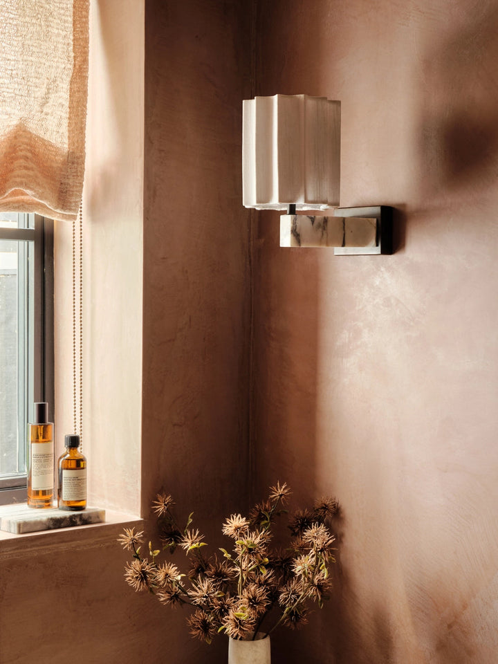 Calacatta Viola Marble Wall Light with Linen Shade and Bronze Plate - Elegant Minimalist Wall Sconce for Living Room and Bathroom 1