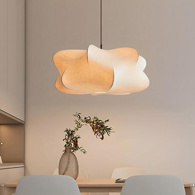 Japanese Silk Pendant Lamp - Elegant Wabi Sabi Design with Warm LED Pendant Lighting - Ø 40 cm, White with Silver Finish-2