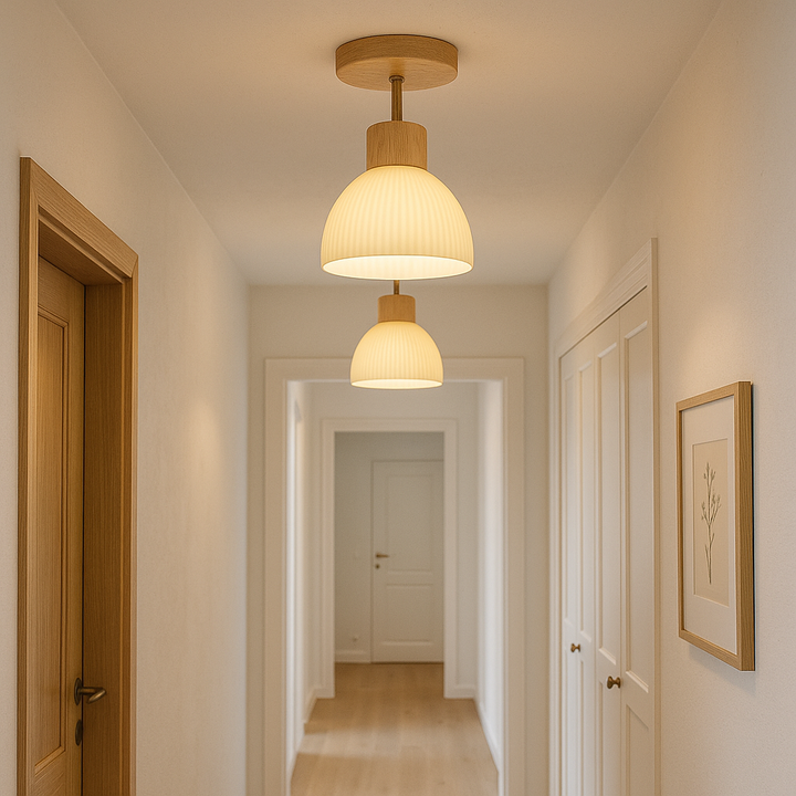 Contemporary Flush Mount Ceiling Light Fixture with Wood and Glass - LED Ceiling Light for Kitchen and Dining Room 2