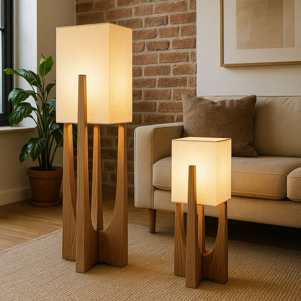 Modern Wabi Sabi Floor Lamp with Fabric Shade and Wooden Base - 52cm and 82cm Options for Living Room Ambiance 1