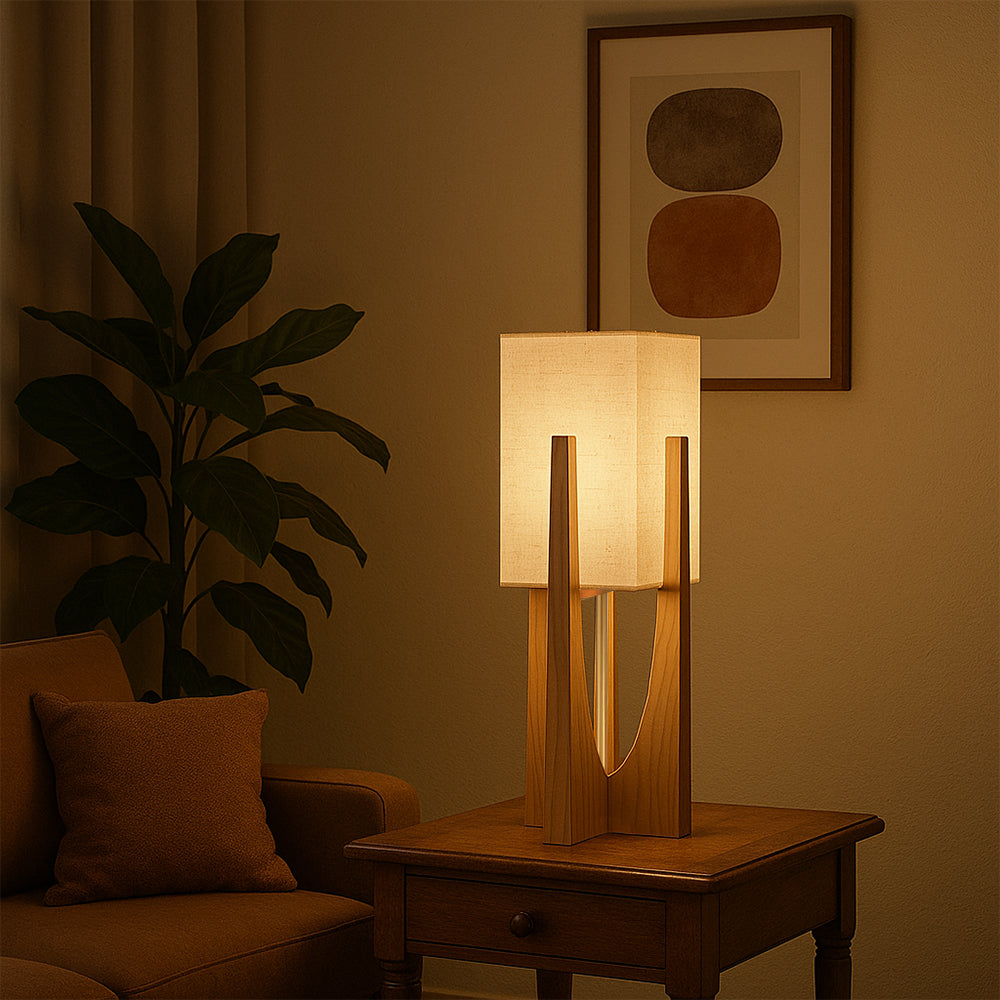 Modern Wabi Sabi Floor Lamp with Fabric Shade and Wooden Base - 52cm and 82cm Options for Living Room Ambiance 3
