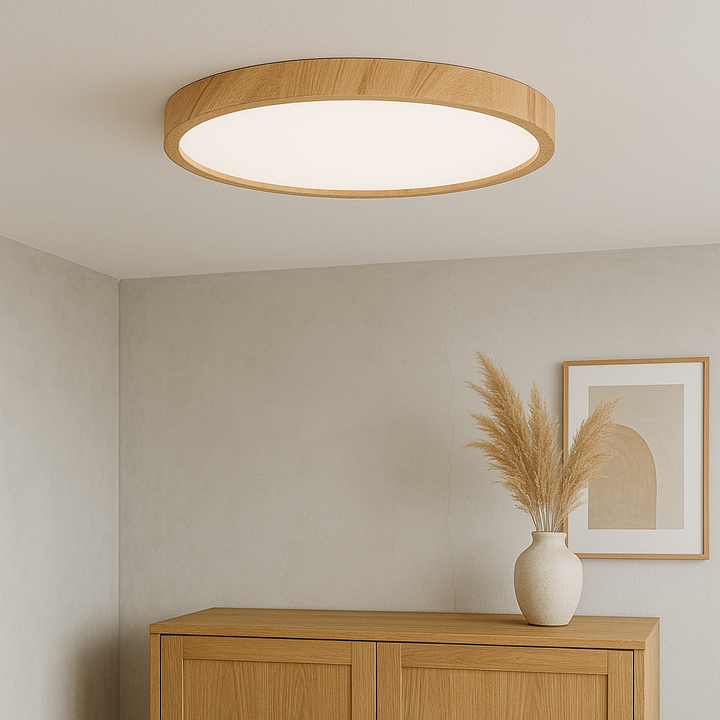 Modern Wood-Look LED Ceiling Light Fixture, Energy-Efficient Flush Mount Design for Contemporary Home Lighting - Multiple Sizes Available 0
