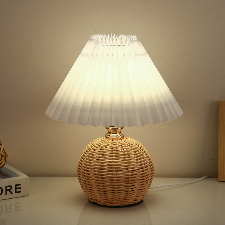 Nordic Rattan Table Lamp - Pleated Shade, USB