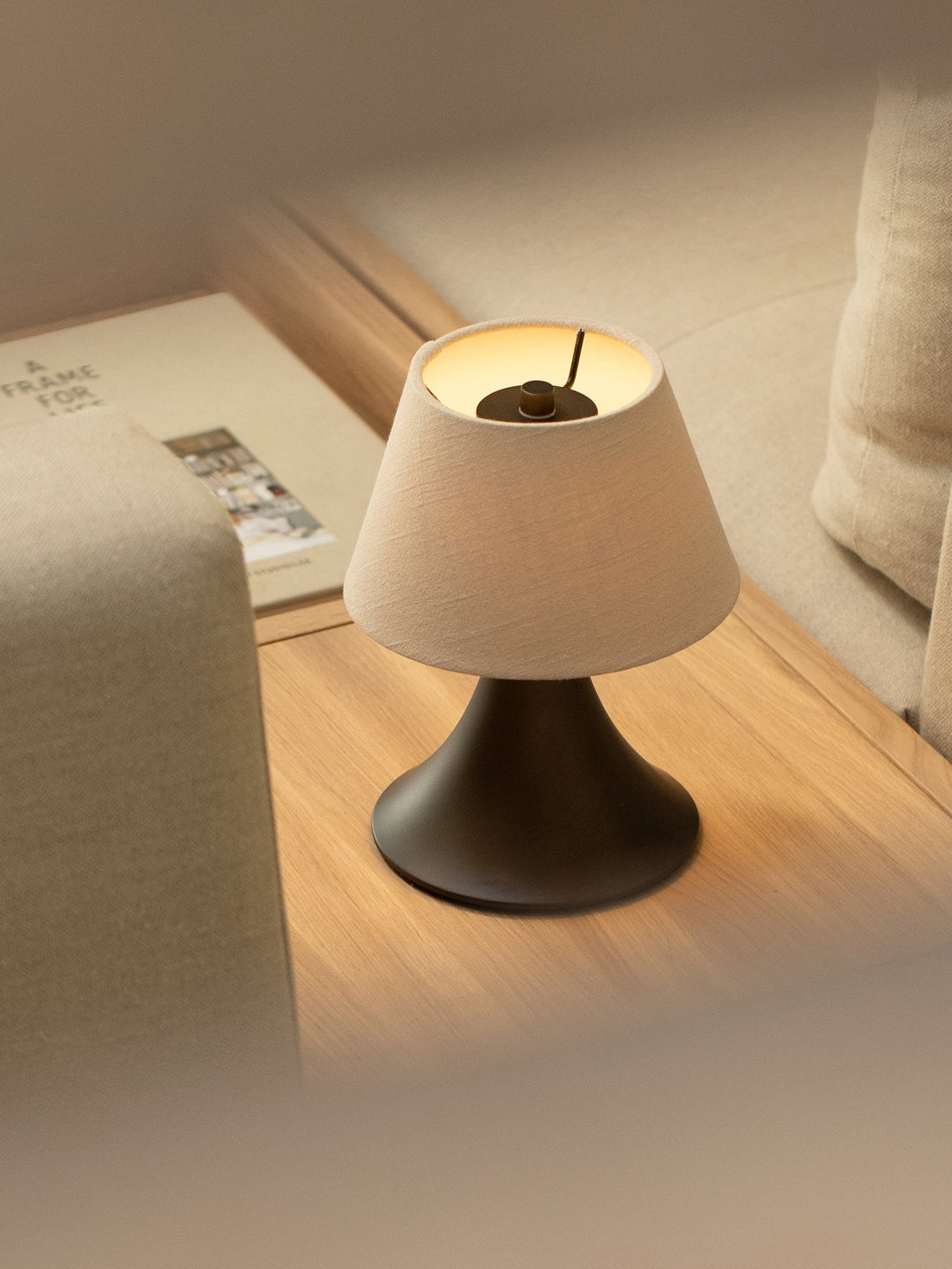 Portable Rechargeable Table Lamp with Touch Dimming and Linen Shade - Elegant Cordless Bedside or Desk Lamp in Bronze Finish 0