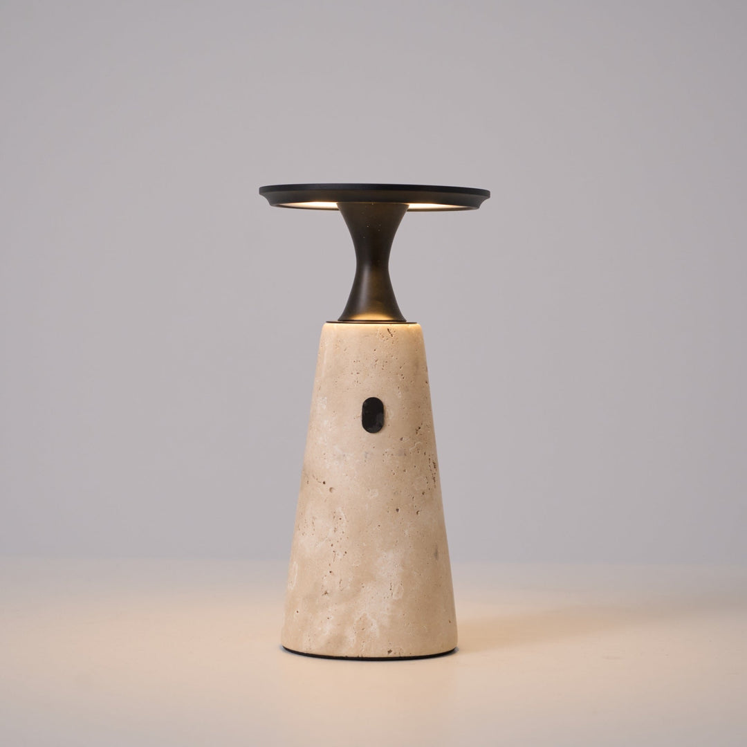 Rechargeable Table Lamp with Travertine Base and Metal Stem - Cordless Bedside Lamp with Touch Control and Integrated LED Light 0