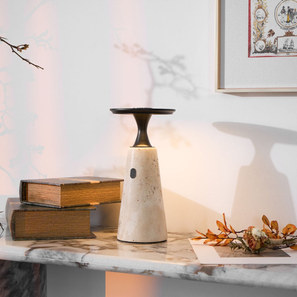Rechargeable Table Lamp with Travertine Base and Metal Stem - Cordless Bedside Lamp with Touch Control and Integrated LED Light 1