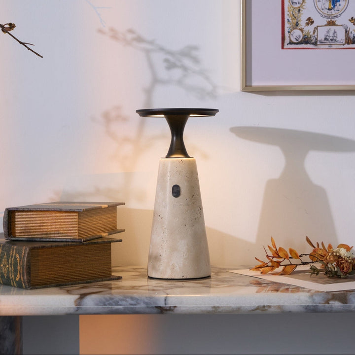 Rechargeable Table Lamp with Travertine Base and Metal Stem - Cordless Bedside Lamp with Touch Control and Integrated LED Light 2