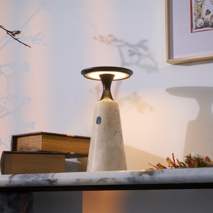 Rechargeable Table Lamp with Travertine Base and Metal Stem - Cordless Bedside Lamp with Touch Control and Integrated LED Light 3