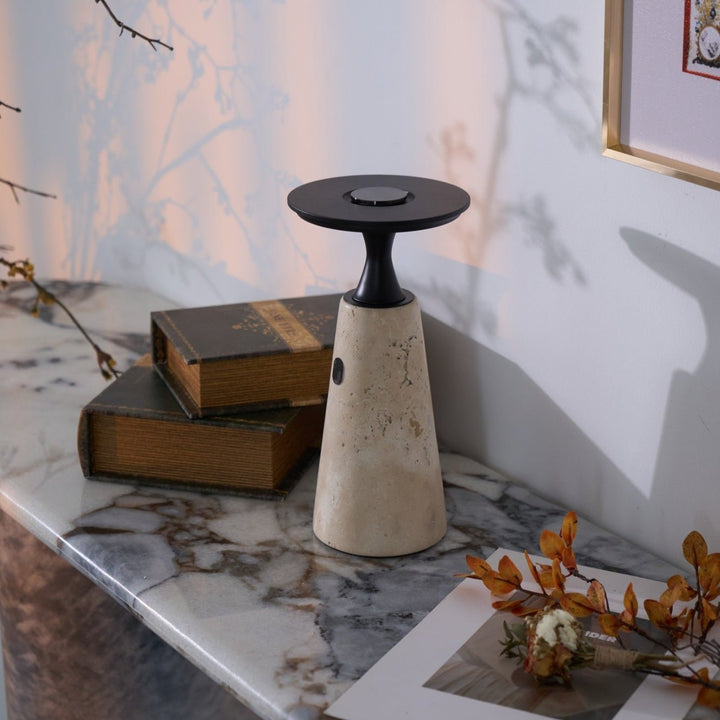 Rechargeable Table Lamp with Travertine Base and Metal Stem - Cordless Bedside Lamp with Touch Control and Integrated LED Light 4