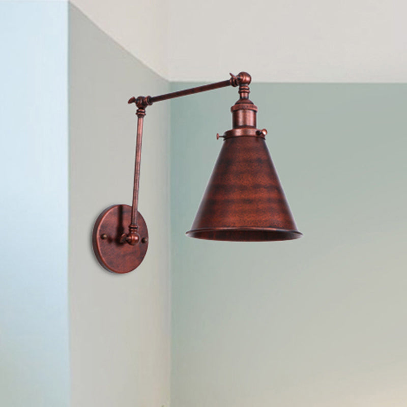 Rustic Farmhouse Adjustable Wall Sconce - Iron Cone Wall Light with Swing Arm for Vintage Industrial Decor 0