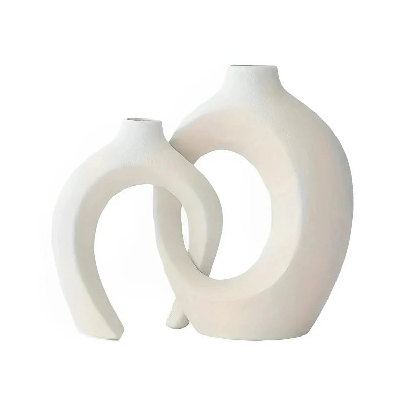Modern Boho Ceramic Flower Vases Set of 2 - Elegant Hollow Design for Home Décor - White Decorative Vases-2