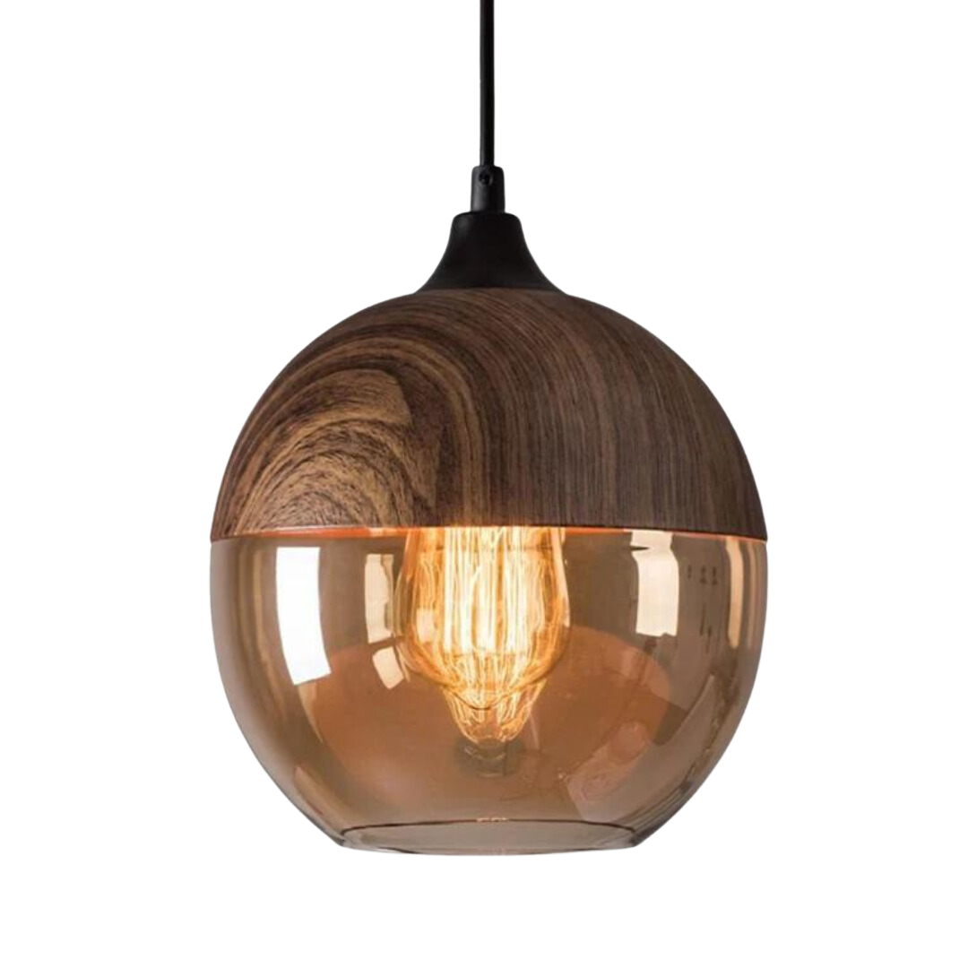 Scandinavian Wood and Tinted Glass Pendant Lamp - Adjustable Height Kitchen Pendant Lighting, Warm Ambient Hanging Light 0