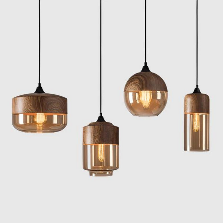 Scandinavian Wood and Tinted Glass Pendant Lamp - Adjustable Height Kitchen Pendant Lighting, Warm Ambient Hanging Light 4