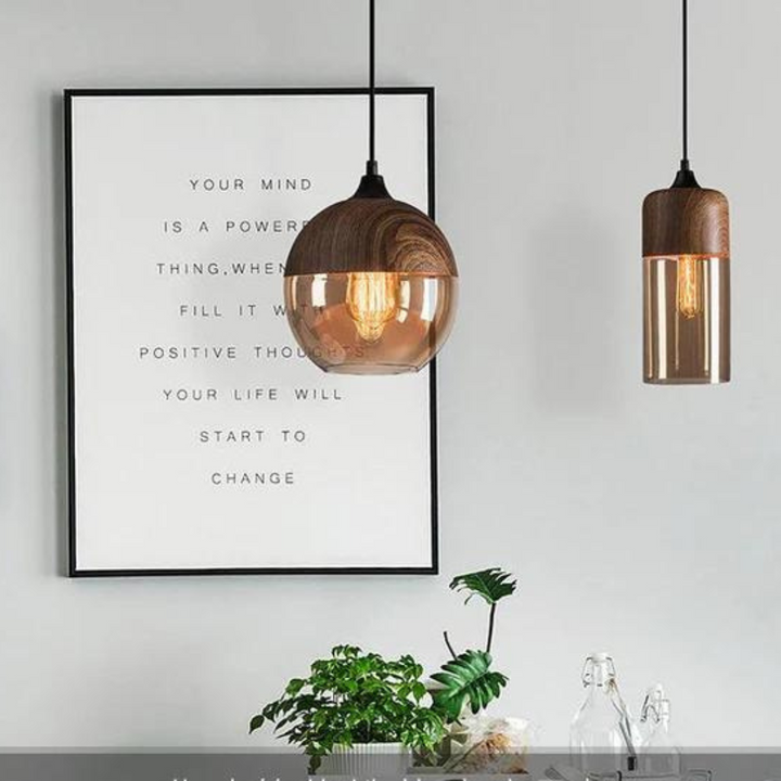 Scandinavian Wood and Tinted Glass Pendant Lamp - Adjustable Height Kitchen Pendant Lighting, Warm Ambient Hanging Light 7