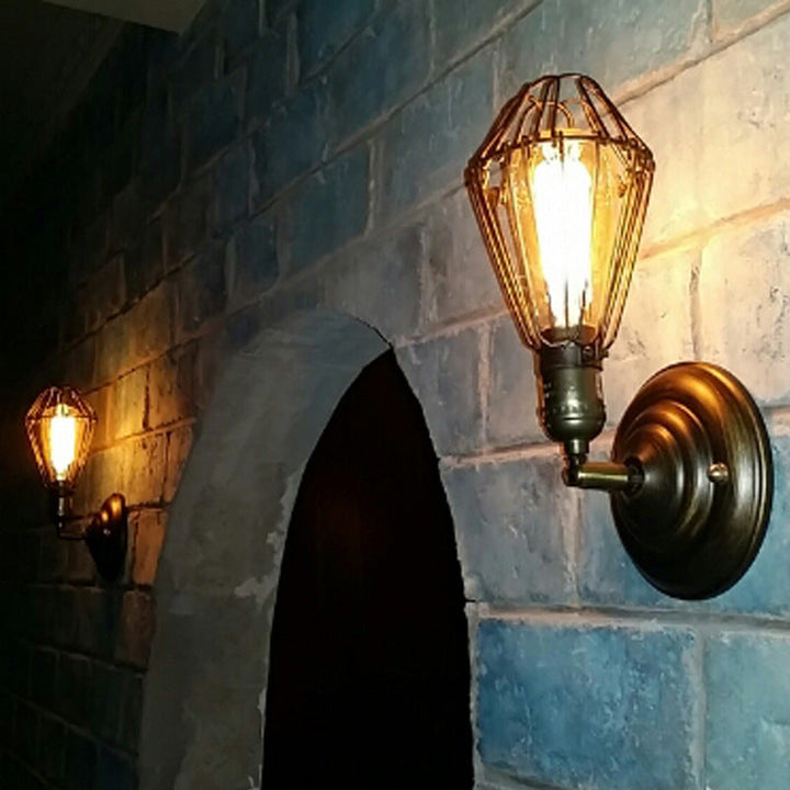 Vintage Industrial Brass Wall Light - Handcrafted Iron Cage Sconce for Rustic Bathroom and Home Decor 3