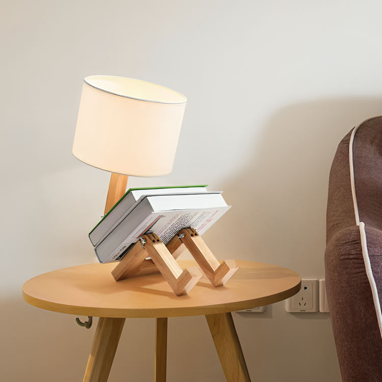 White Wooden Table Lamp with Adjustable Head and Shelf - Scandinavian Style Bedside or Desk Lamp for Living Room 1