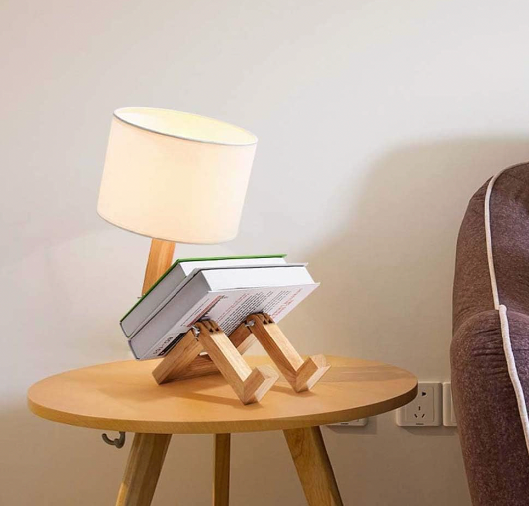 White Wooden Table Lamp with Adjustable Head and Shelf - Scandinavian Style Bedside or Desk Lamp for Living Room 2