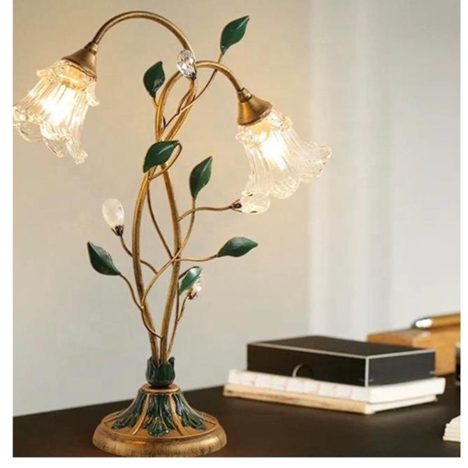 Vintage French Flower Table Lamp - Elegant Glass, Iron & Crystal Design, 55 cm Height, E14 LED Compatible-5