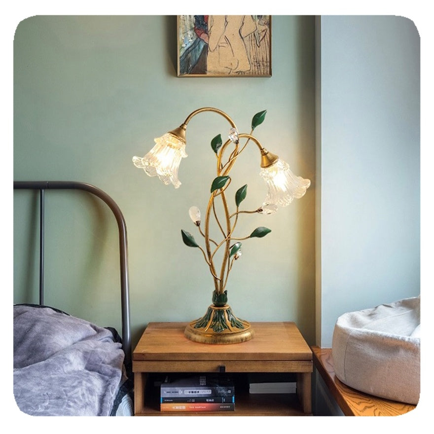 Vintage French Flower Table Lamp - Elegant Glass, Iron & Crystal Design, 55 cm Height, E14 LED Compatible-4