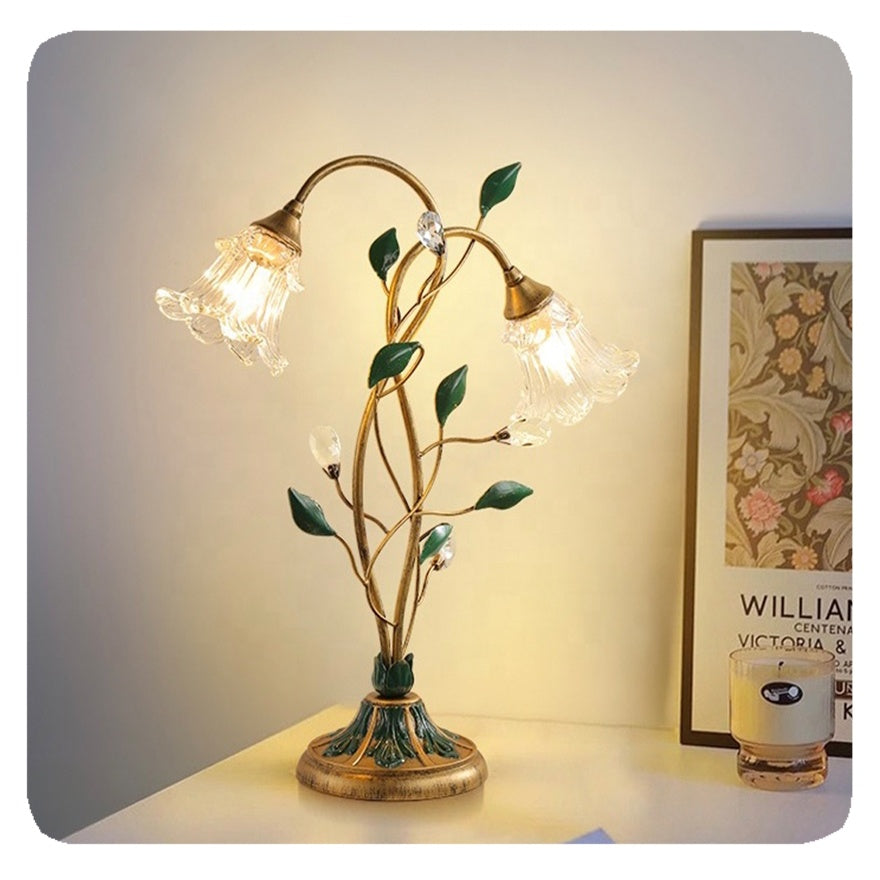 Vintage French Flower Table Lamp - Elegant Glass, Iron & Crystal Design, 55 cm Height, E14 LED Compatible-1