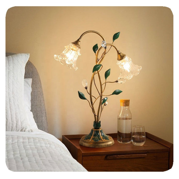 Vintage French Flower Table Lamp - Elegant Glass, Iron & Crystal Design, 55 cm Height, E14 LED Compatible-3