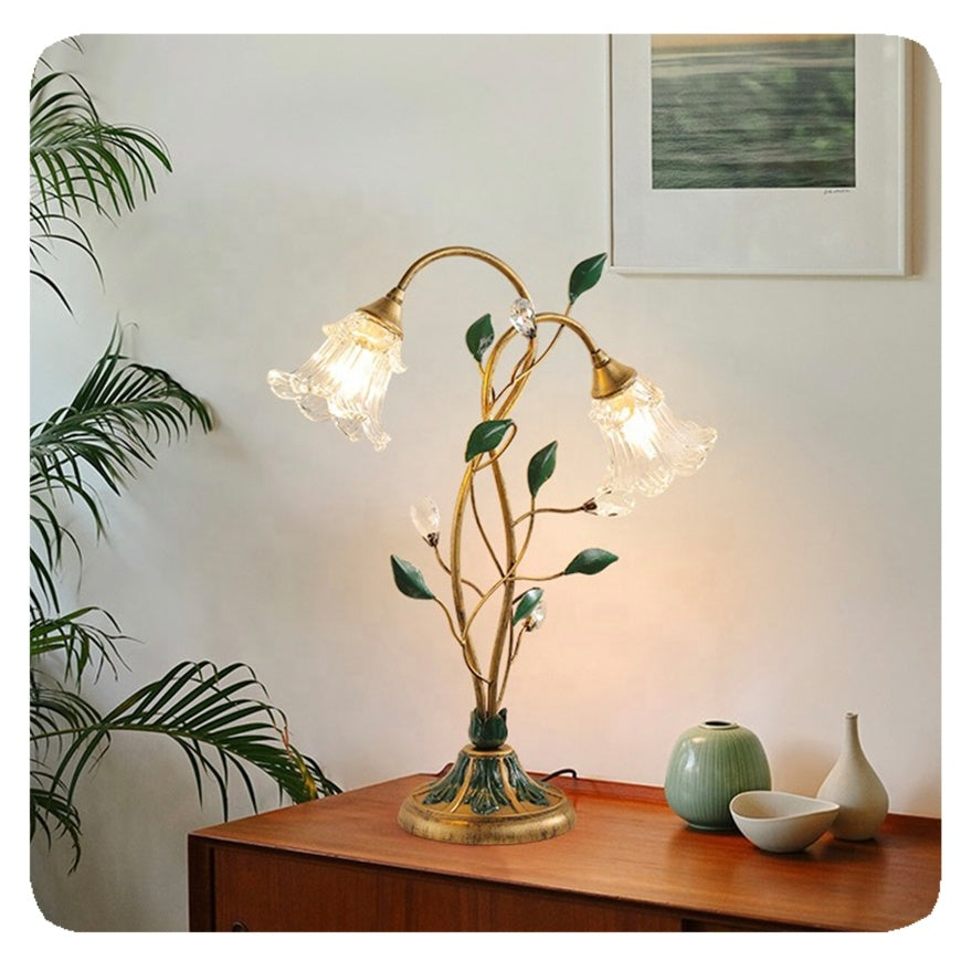 Vintage French Flower Table Lamp - Elegant Glass, Iron & Crystal Design, 55 cm Height, E14 LED Compatible-2