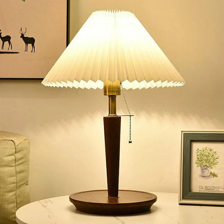 Vintage Table Lamp with Pleated Fabric Shade and Walnut Base - Ideal Bedside Table Lamp for Bedroom and Living Room-2