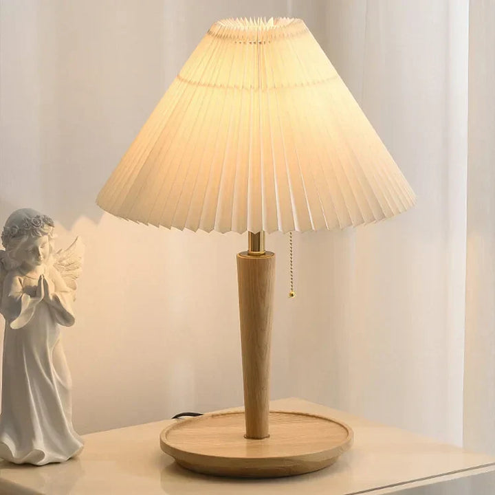 Vintage Table Lamp with Pleated Fabric Shade and Walnut Base - Ideal Bedside Table Lamp for Bedroom and Living Room-1