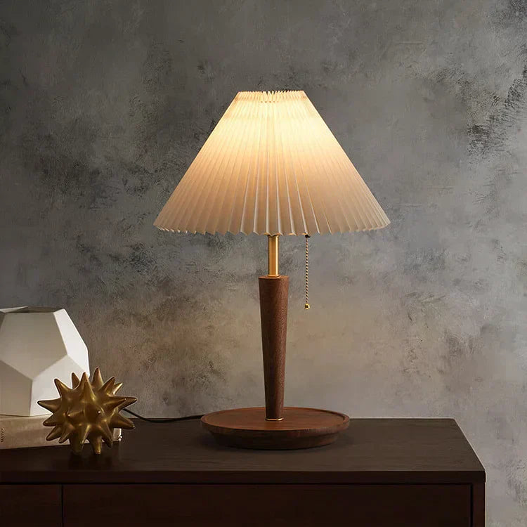 Vintage Table Lamp with Pleated Fabric Shade and Walnut Base - Ideal Bedside Table Lamp for Bedroom and Living Room-3