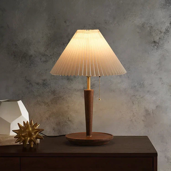 Vintage Table Lamp with Pleated Fabric Shade and Walnut Base - Ideal Bedside Table Lamp for Bedroom and Living Room-3