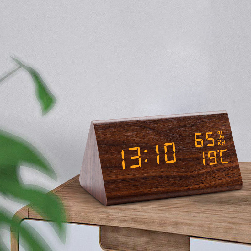 Modern Wooden LED Alarm Clock with Temperature Display - Digital Clock with Noise Activation and Minimalist Design-2