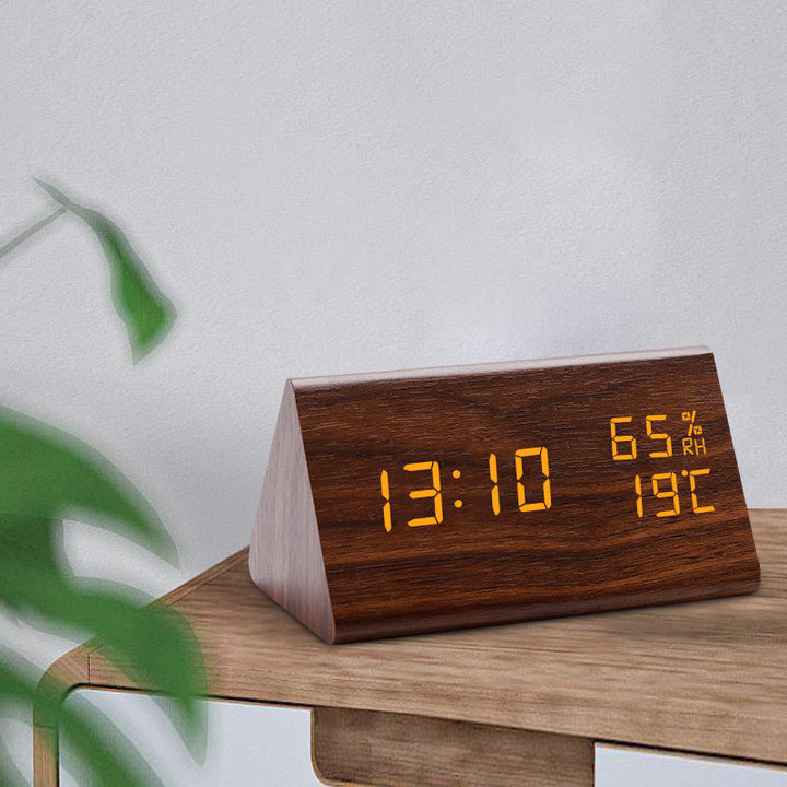 Modern Wooden LED Alarm Clock with Temperature Display - Digital Clock with Noise Activation and Minimalist Design-2