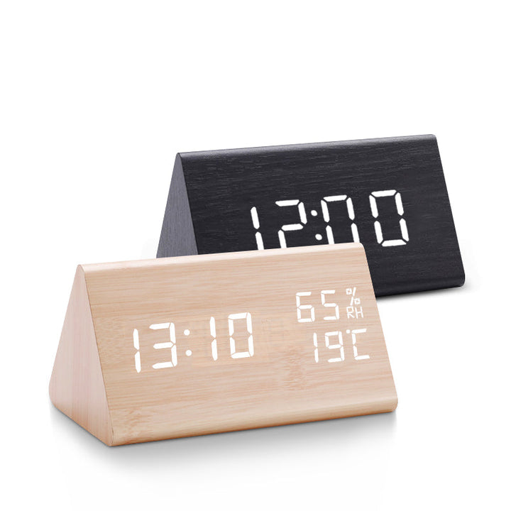 Modern Wooden LED Alarm Clock with Temperature Display - Digital Clock with Noise Activation and Minimalist Design-3