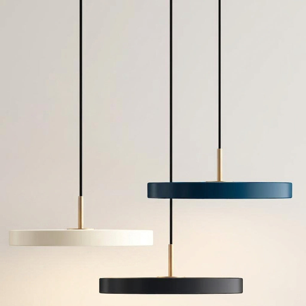 Scandinavian disc pendant lights in cream, blue and black