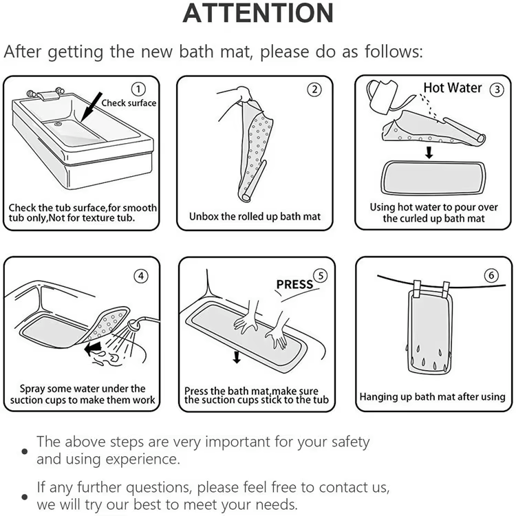 Bath mat setup instructions: check the tub surface is smooth, unroll the mat, pour hot water to flatten it, wet the suction cups, press down firmly, hang up to dry