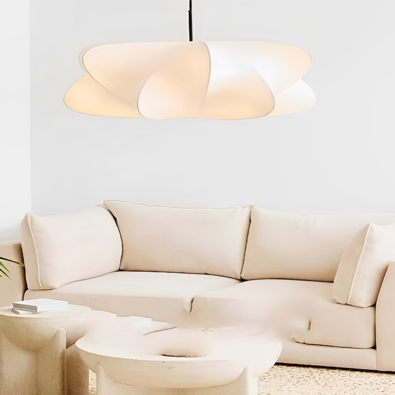 Japanese Silk Pendant Lamp - Elegant Wabi Sabi Design with Warm LED Pendant Lighting - Ø 40 cm, White with Silver Finish-4