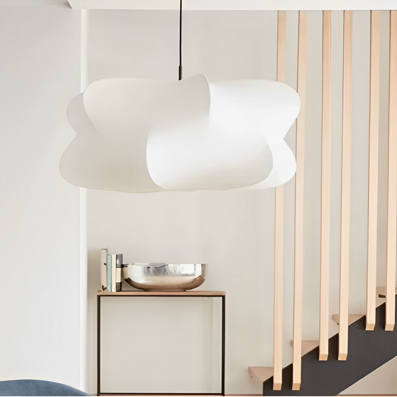 Japanese Silk Pendant Lamp - Elegant Wabi Sabi Design with Warm LED Pendant Lighting - Ø 40 cm, White with Silver Finish-6